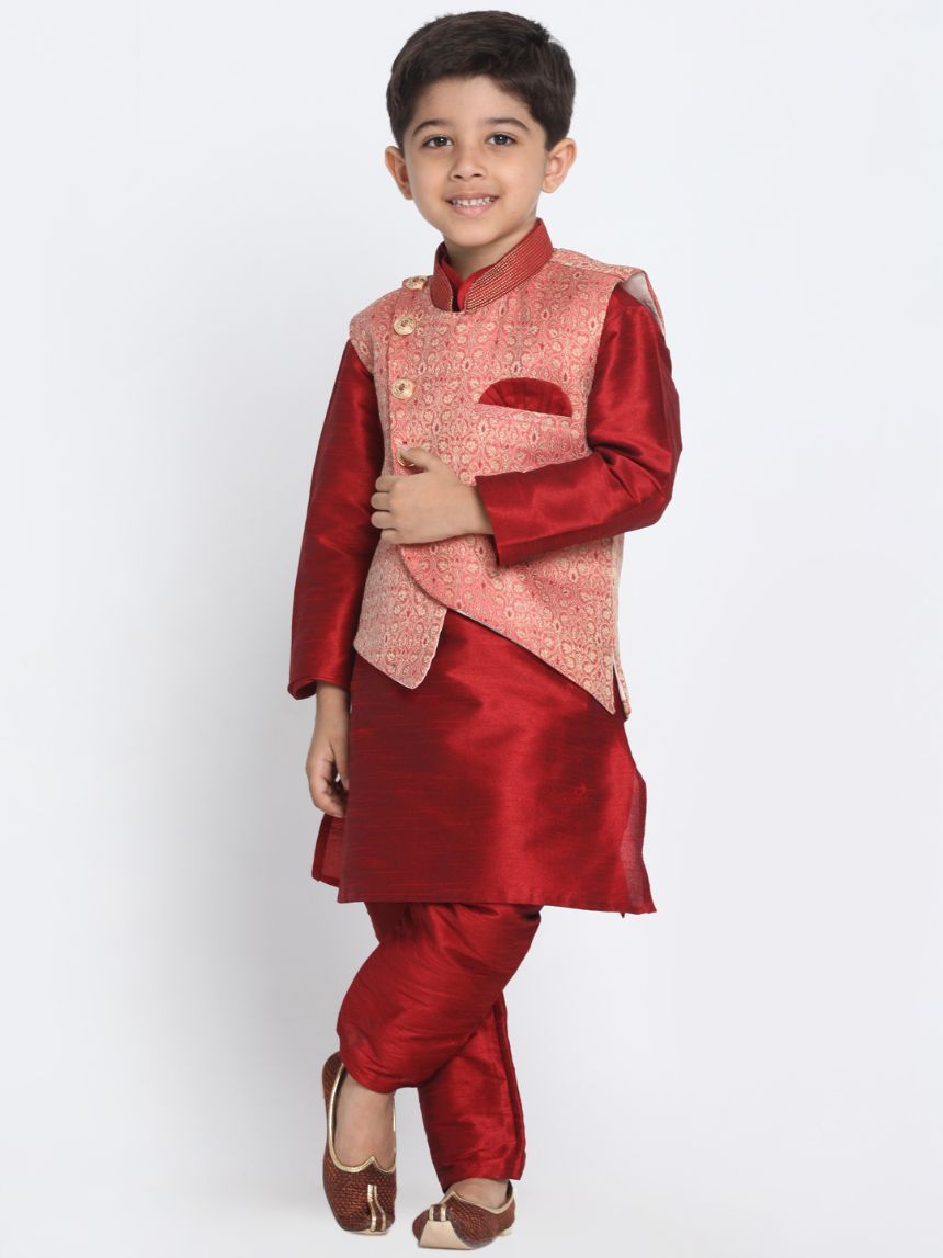 VASTRAMAY Boys' Pink Cotton Silk Blend Nehru Jacket