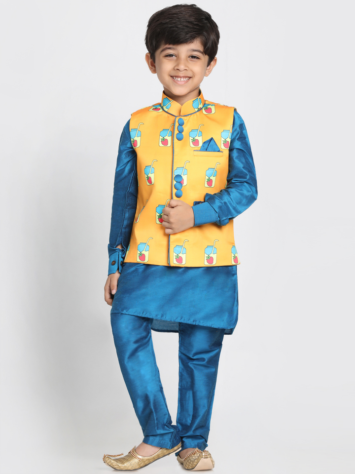 Vastramay Boys' Quirky Nehru Jacket, Blue Kurta And Pyjama Set