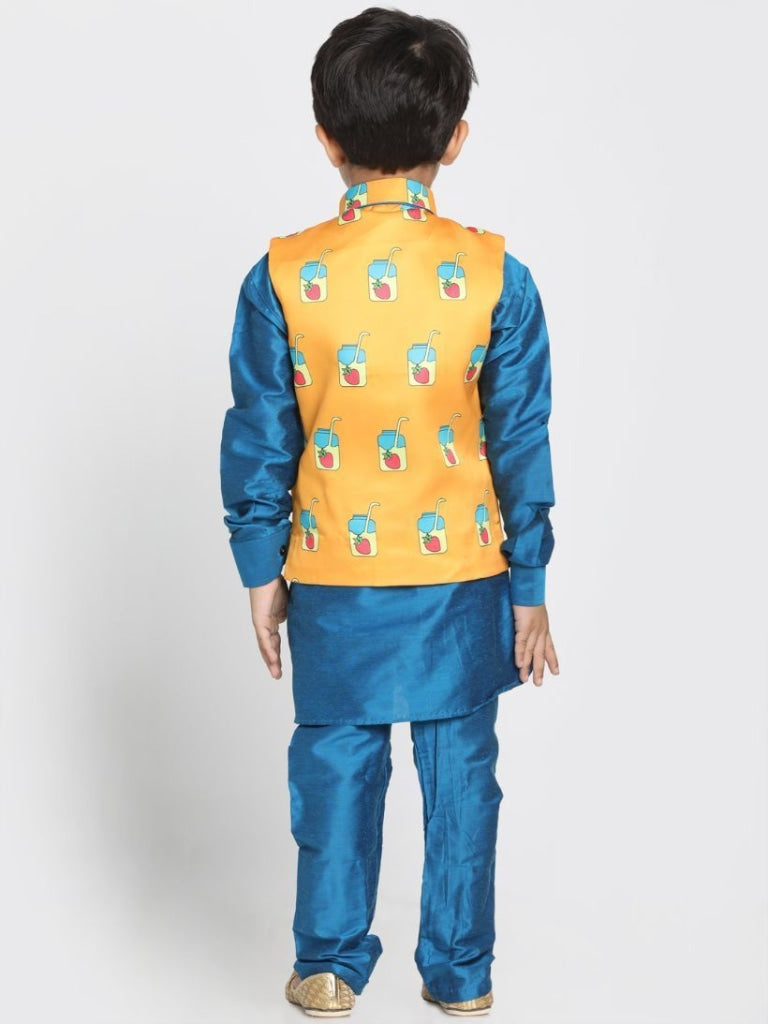 Vastramay Boys' Quirky Nehru Jacket, Blue Kurta And Pyjama Set