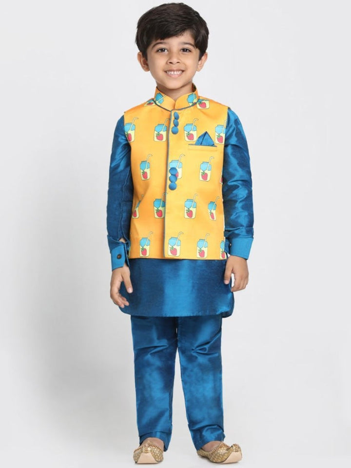 Vastramay Boys' Quirky Nehru Jacket, Blue Kurta And Pyjama Set