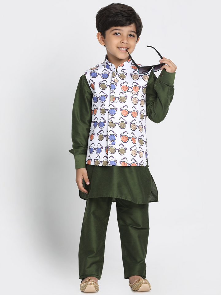 Vastramay Boy's Quirky Nehru Jacket, Green Kurta And Pyjama Set