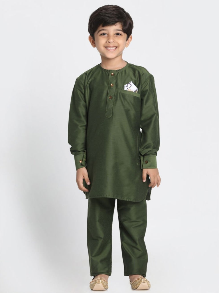 Vastramay Boy's Quirky Nehru Jacket, Green Kurta And Pyjama Set