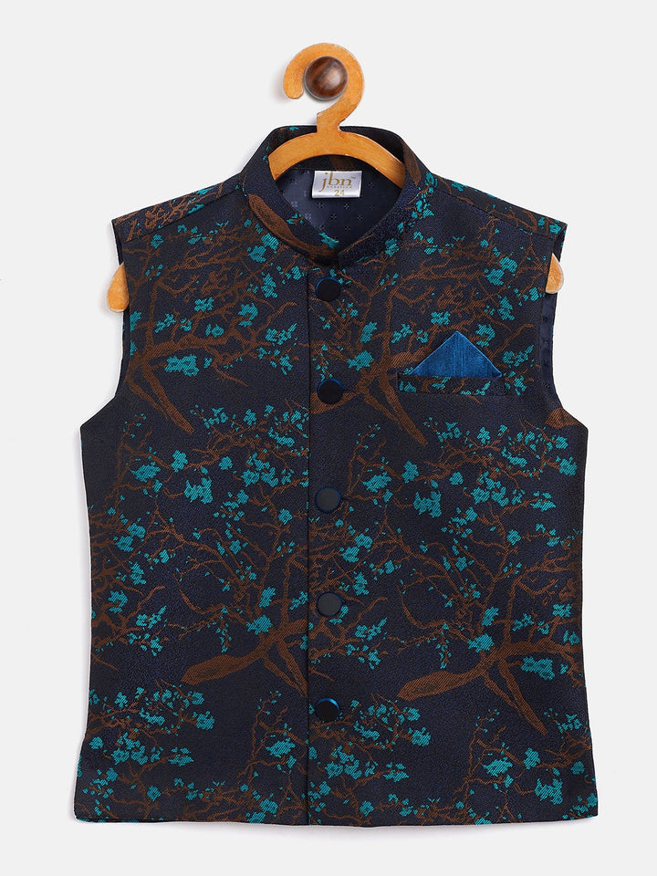 Vastramay Boys' Turquoise And Black Jacquard Nehru Jacket