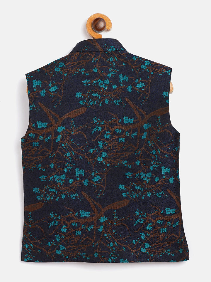 Vastramay Boys' Turquoise And Black Jacquard Nehru Jacket