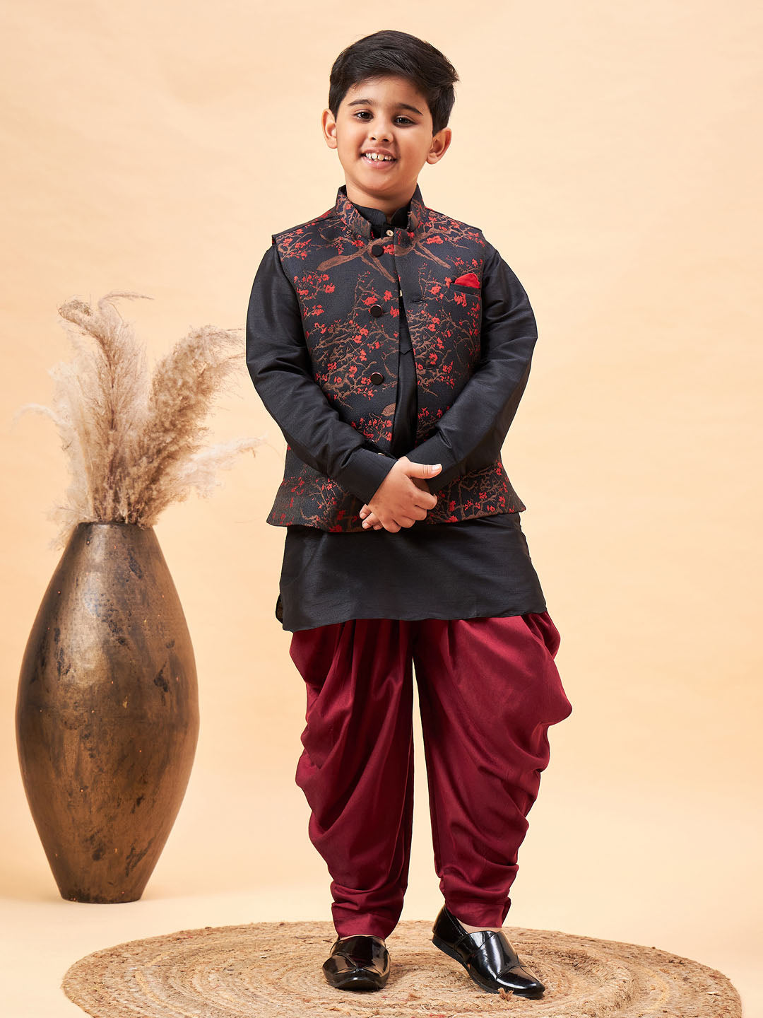 Vastramay Boys Maroon Jacquard Jacket With Black kurta and Dhoti Set