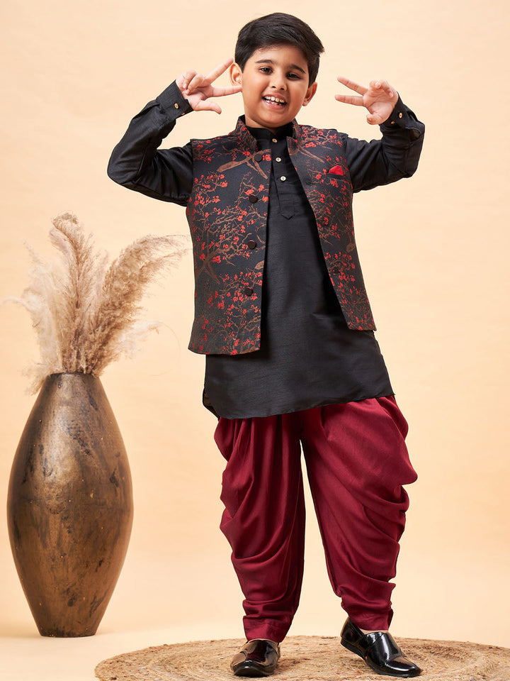 Vastramay Boys Maroon Jacquard Jacket With Black kurta and Dhoti Set