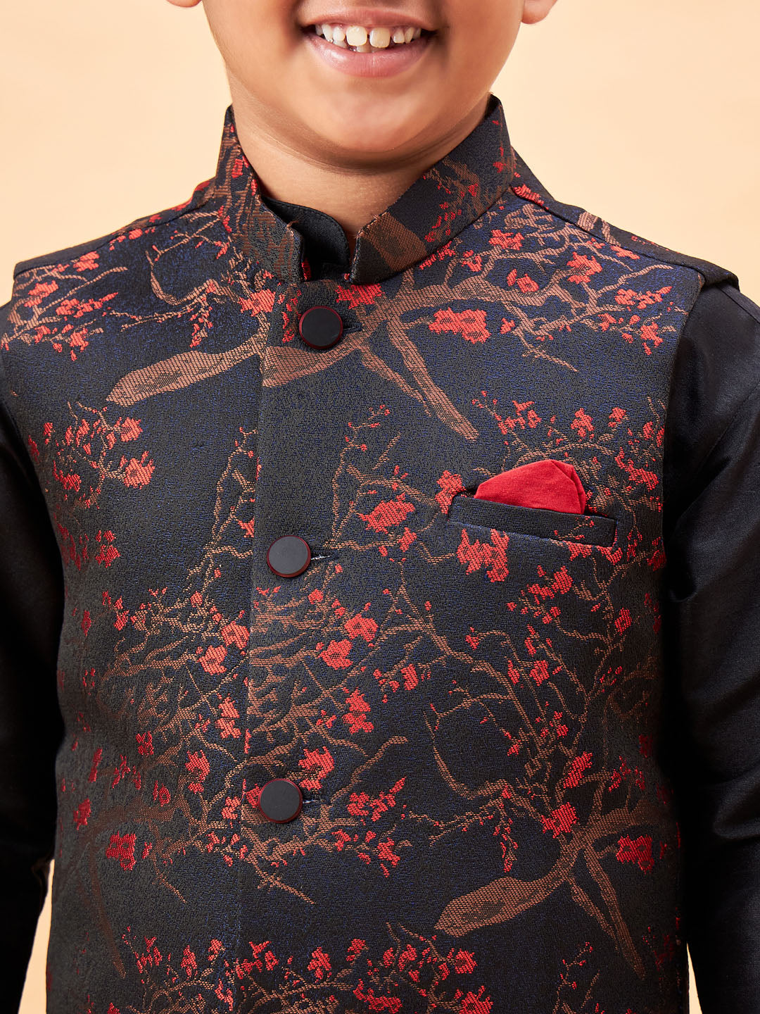 Vastramay Boys Maroon Jacquard Jacket With Black kurta and Dhoti Set