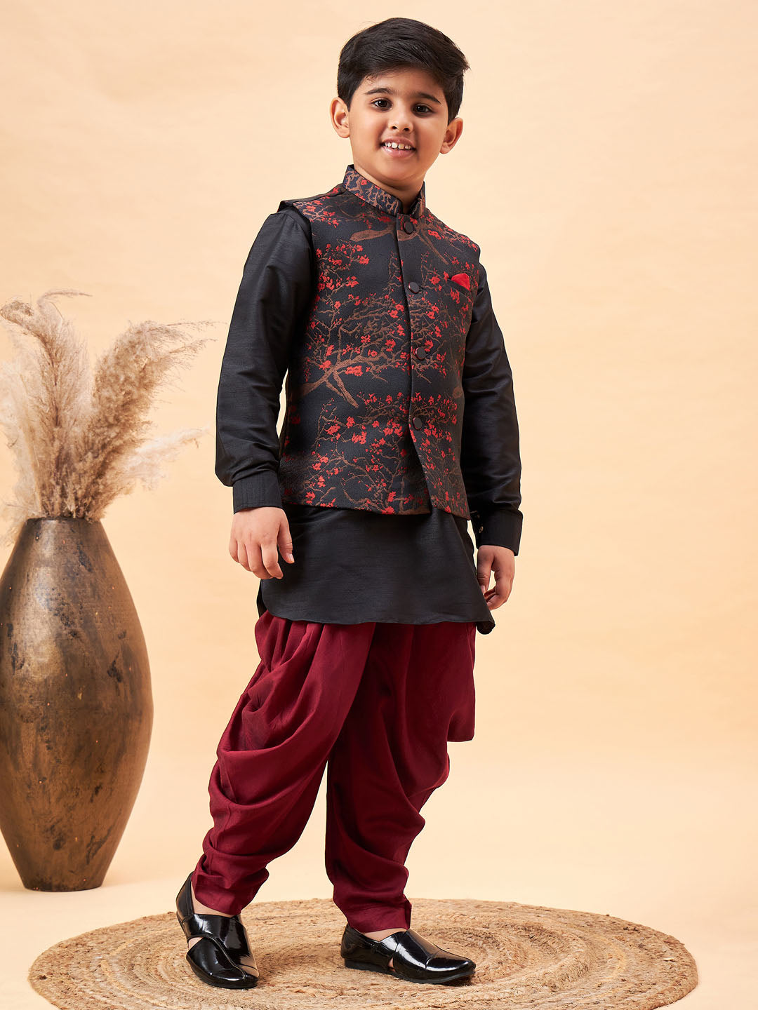 Vastramay Boys Maroon Jacquard Jacket With Black kurta and Dhoti Set