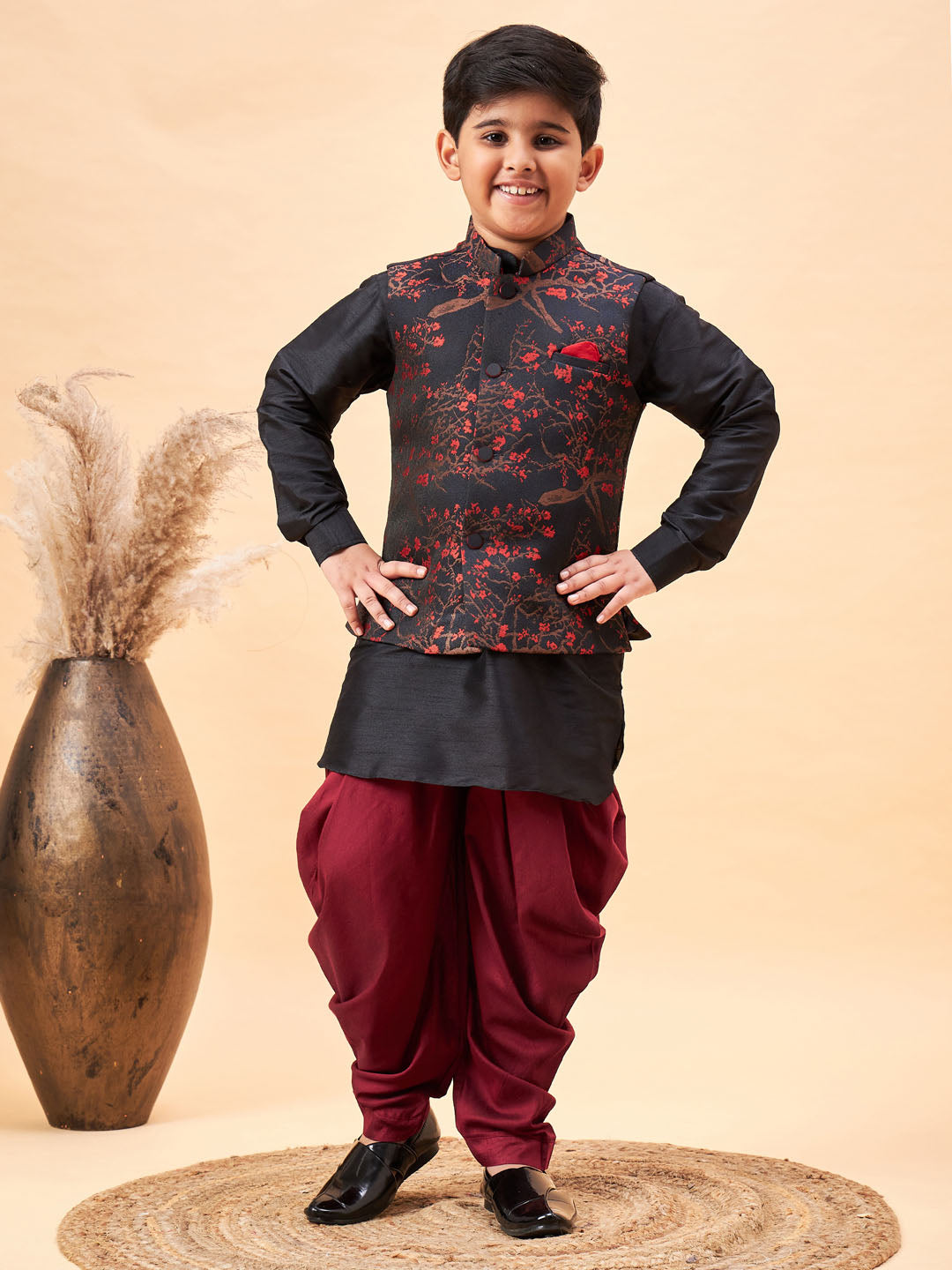 Vastramay Boys Maroon Jacquard Jacket With Black kurta and Dhoti Set