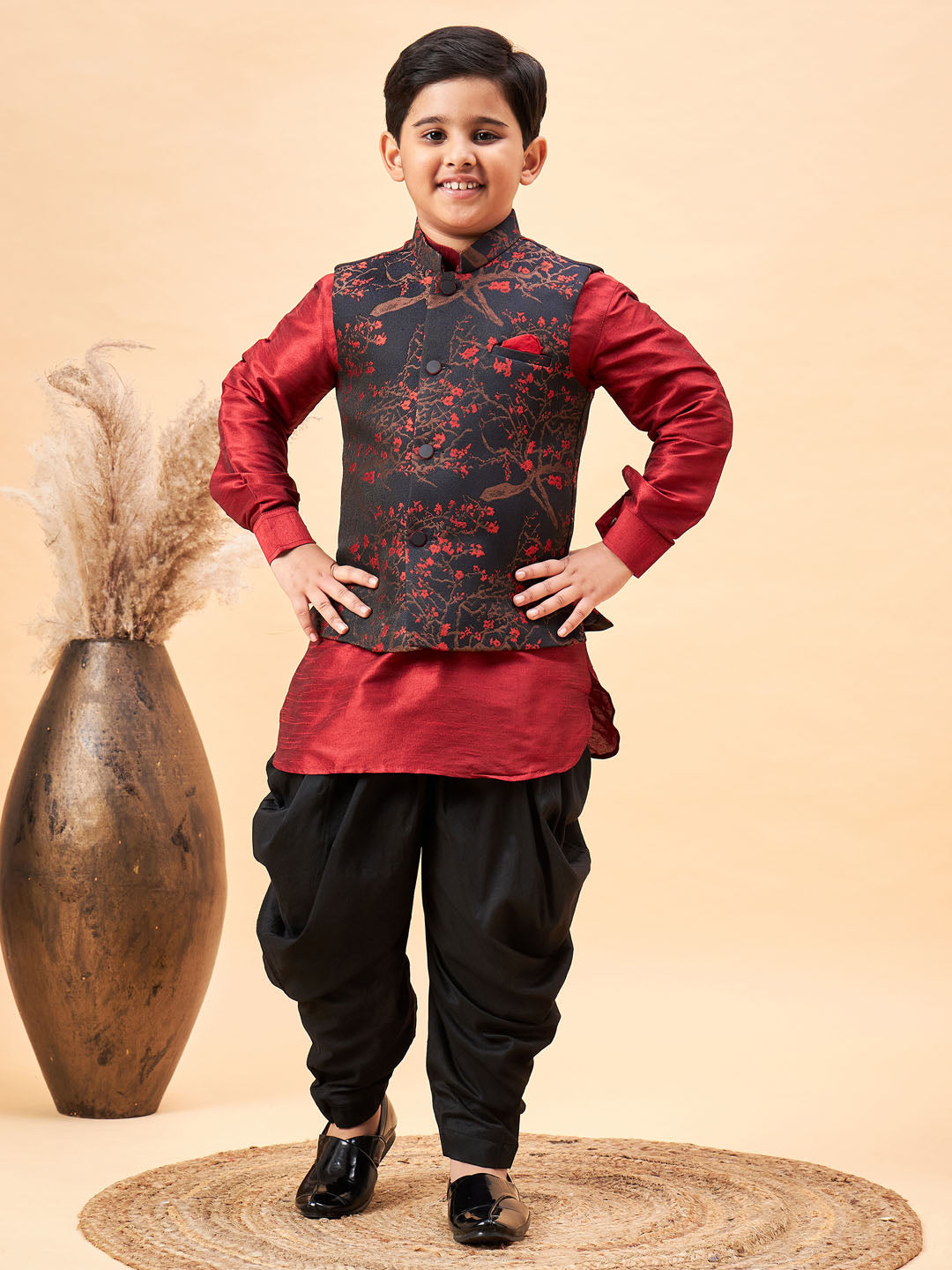 Vastramay Boys Maroon Jacquard Jacket With Maroon kurta and Dhoti Set