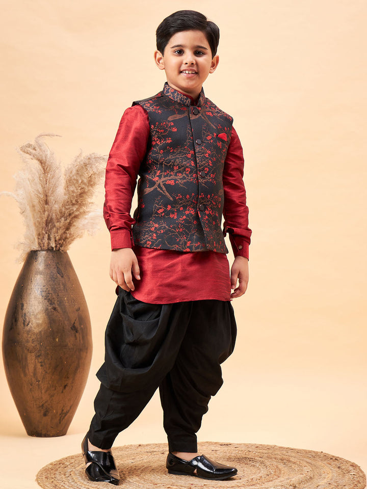 Vastramay Boys Maroon Jacquard Jacket With Maroon kurta and Dhoti Set