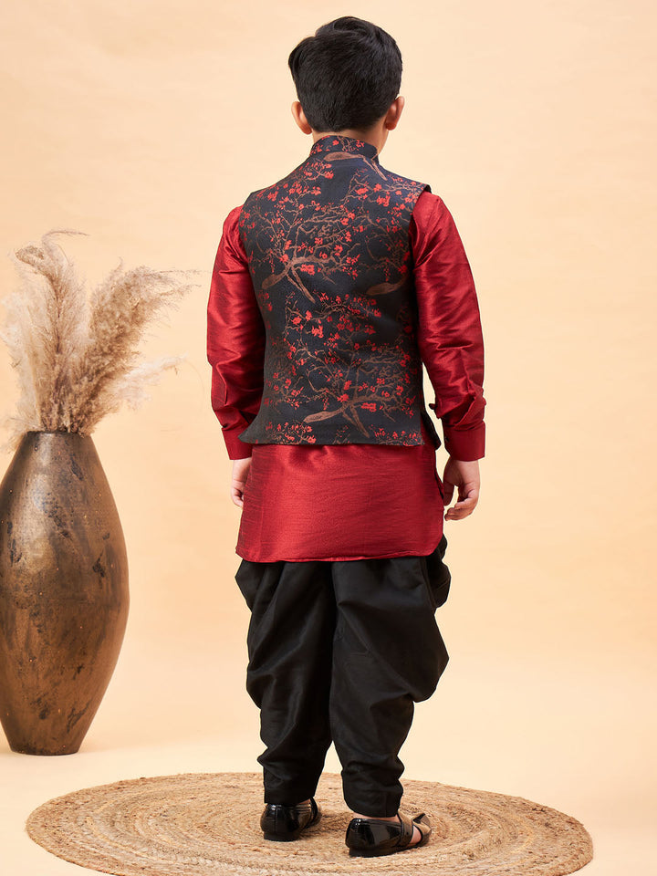 Vastramay Boys Maroon Jacquard Jacket With Maroon kurta and Dhoti Set