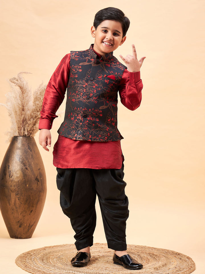 Vastramay Boys Maroon Jacquard Jacket With Maroon kurta and Dhoti Set