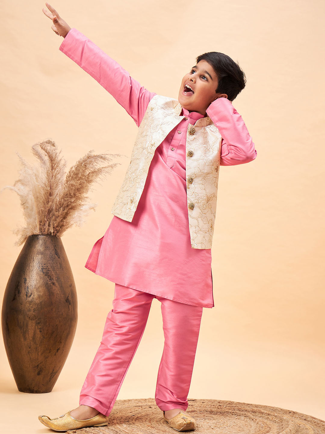 VASTRAMAY Boy's Beige Woven Nehru Jacket With Pink Kurta Pyjama Set