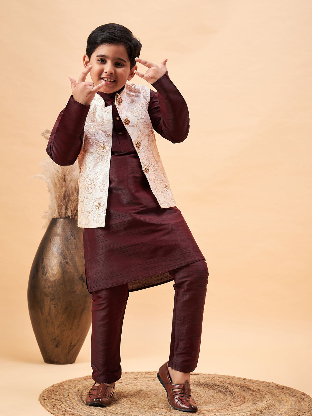 VASTRAMAY Boy's Beige Nehru Jacket With Wine Kurta And Pyjama Set