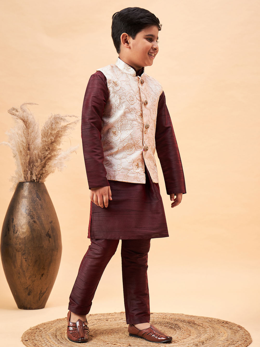 VASTRAMAY Boy's Beige Nehru Jacket With Wine Kurta And Pyjama Set