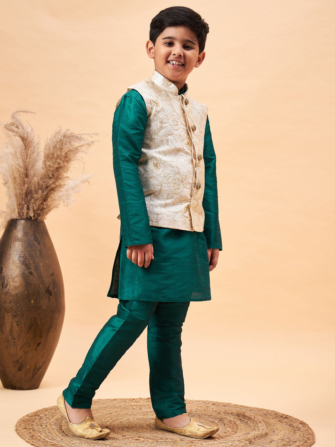 VASTRAMAY Boy's Beige Woven Nehru Jacket With Green Kurta Pyjama Set