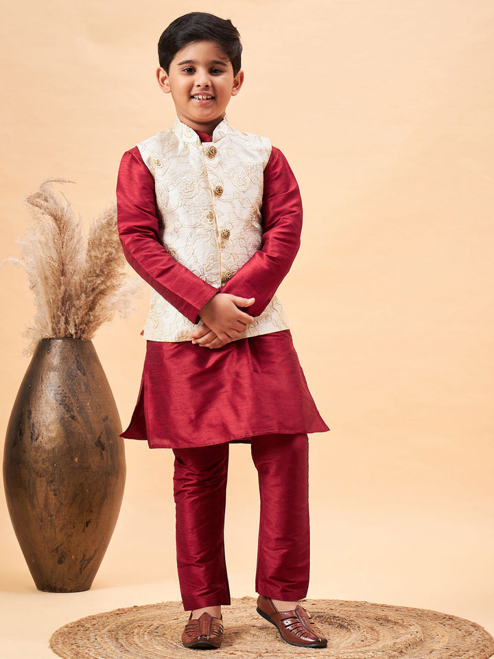 VASTRAMAY Boy's Beige Woven Jacket With Maroon Kurta and Pyjama Set