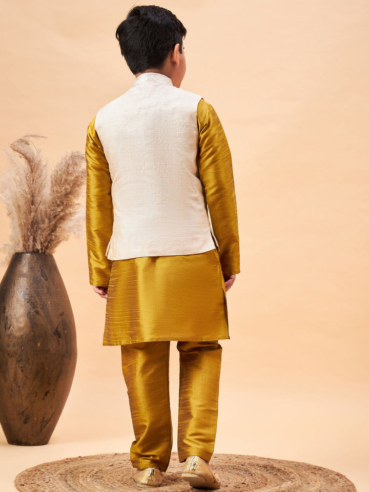 Vastramay Boy's Beige Nehru Jacket With Mustard Kurta And Pyjama Set