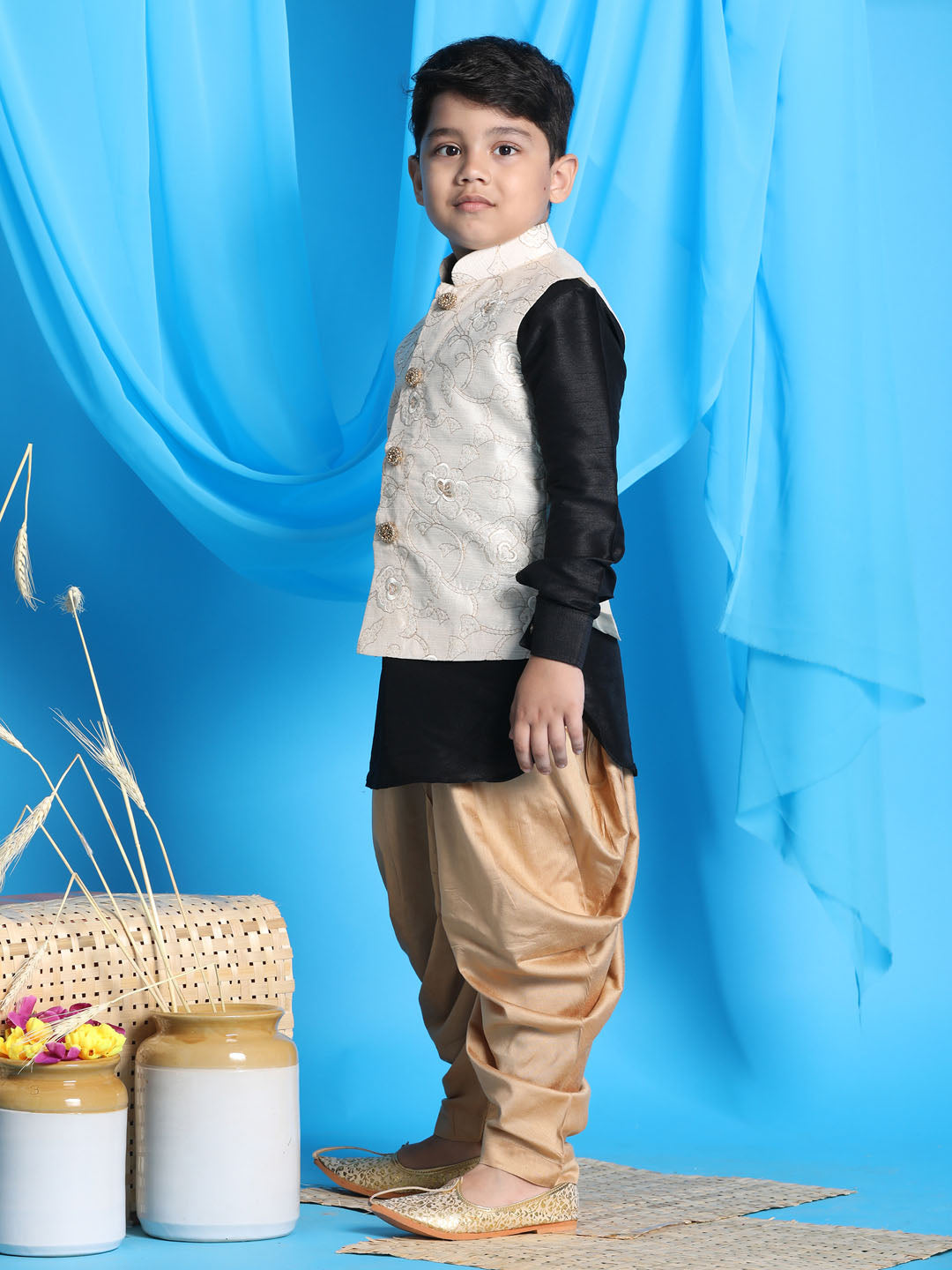 VASTRAMAY Boy's Beige Embroidered Nehru Jacket With Black Kurta And Rose Gold Dhoti Set