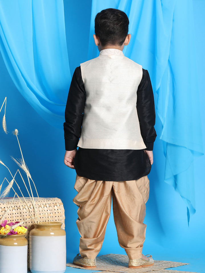 VASTRAMAY Boy's Beige Embroidered Nehru Jacket With Black Kurta And Rose Gold Dhoti Set