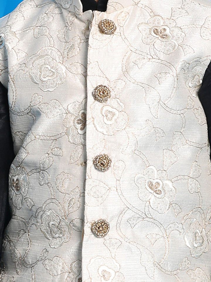 VASTRAMAY Boy's Beige Embroidered Nehru Jacket With Black Kurta And Rose Gold Dhoti Set