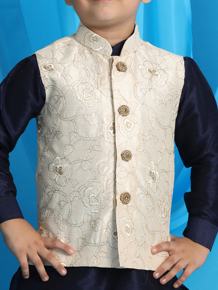 VASTRAMAY Boy's Beige Embroidered Nehru Jacket With Blue Kurta And Maroon Dhoti Set