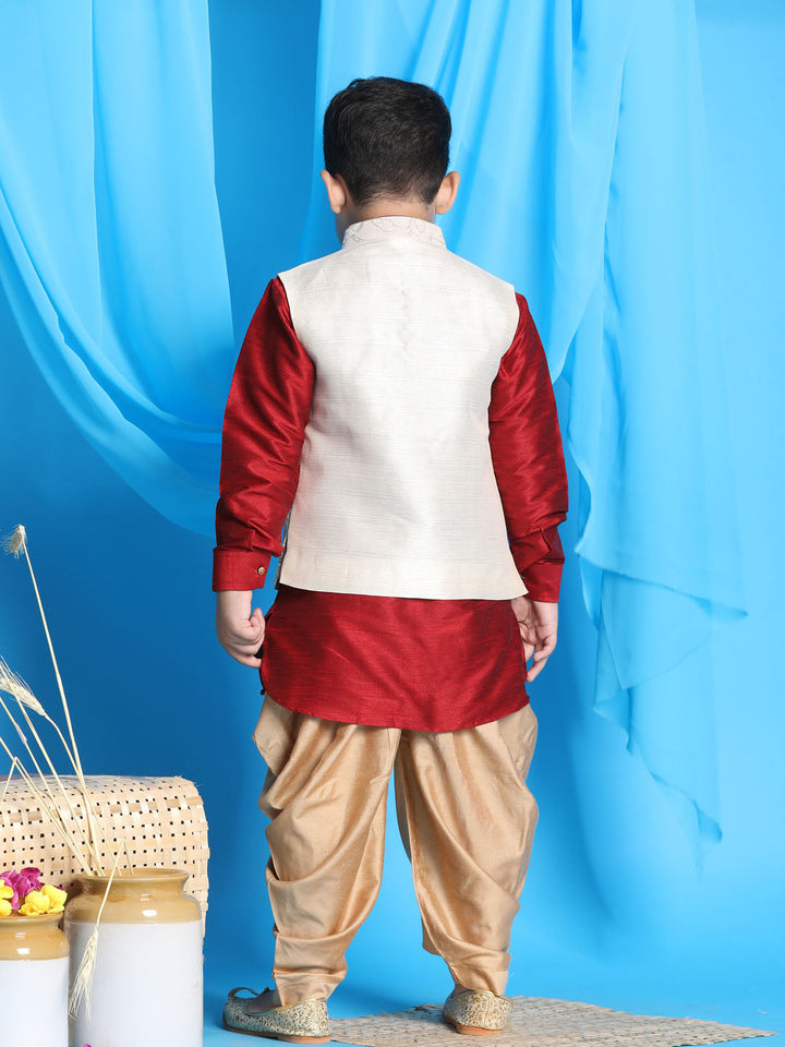 VASTRAMAY Boy's Beige Embroidered Nehru Jacket With Maroon Kurta And Rose Gold Dhoti Set