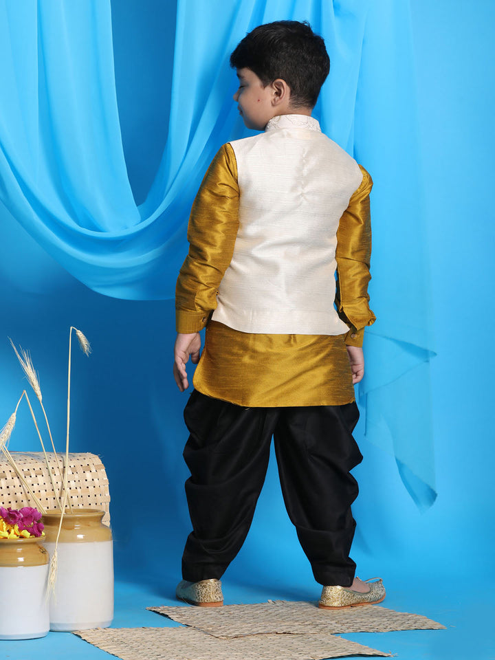 VASTRAMAY Boy's Beige Embroidered Nehru Jacket With Mustard Kurta And Black Dhoti Set