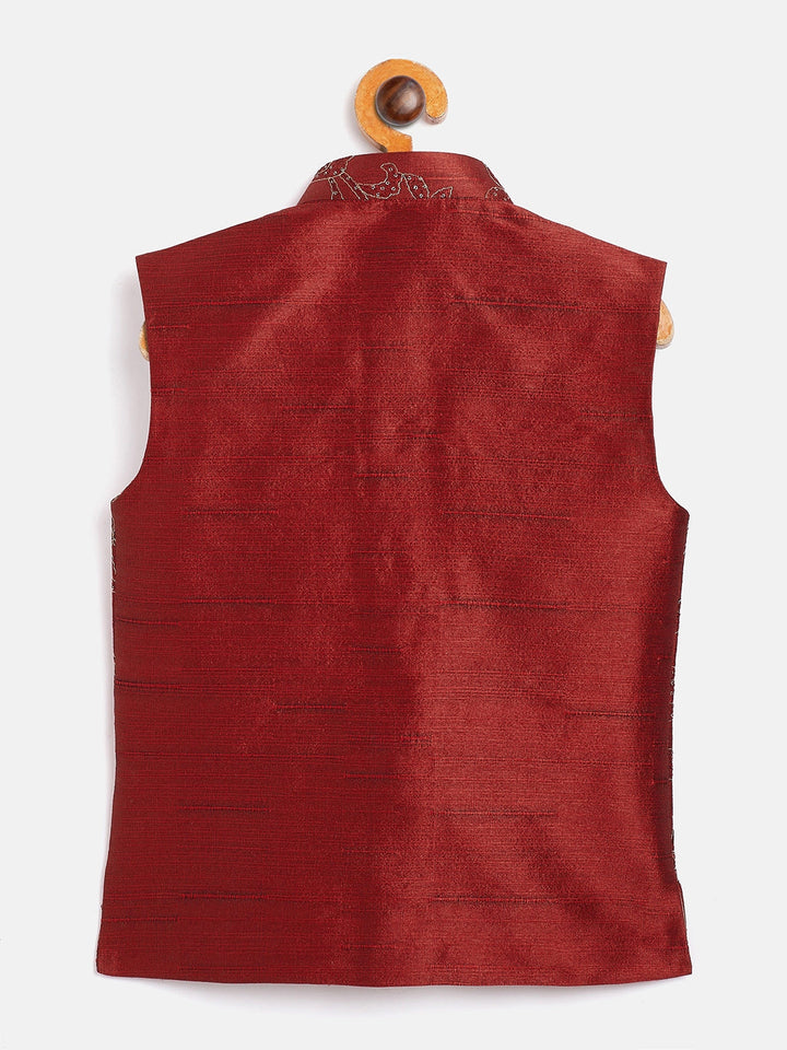 Vastramay Boy's Maroon Silk Blend Embroidered Nehru Jacket