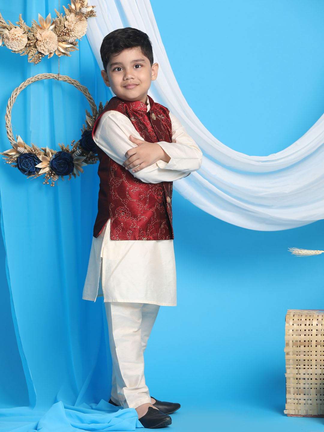 Vastramay Boy's Maroon Nehru Jacket With Cream Kurta And Pyjama Set - qivii