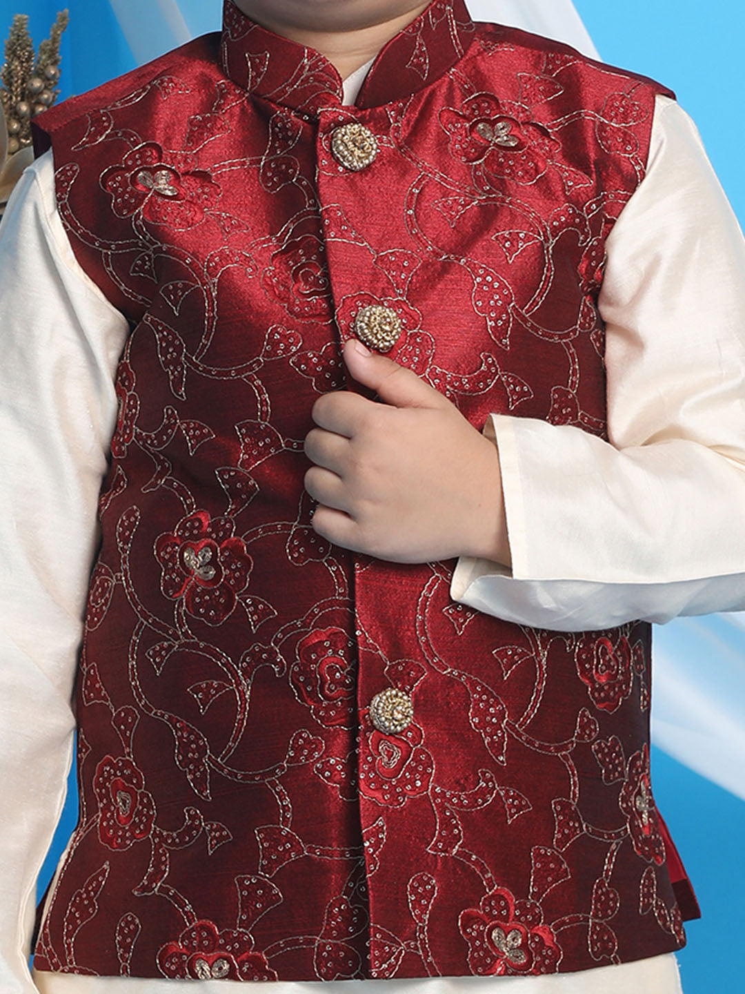 Vastramay Boy's Maroon Nehru Jacket With Cream Kurta And Pyjama Set - qivii