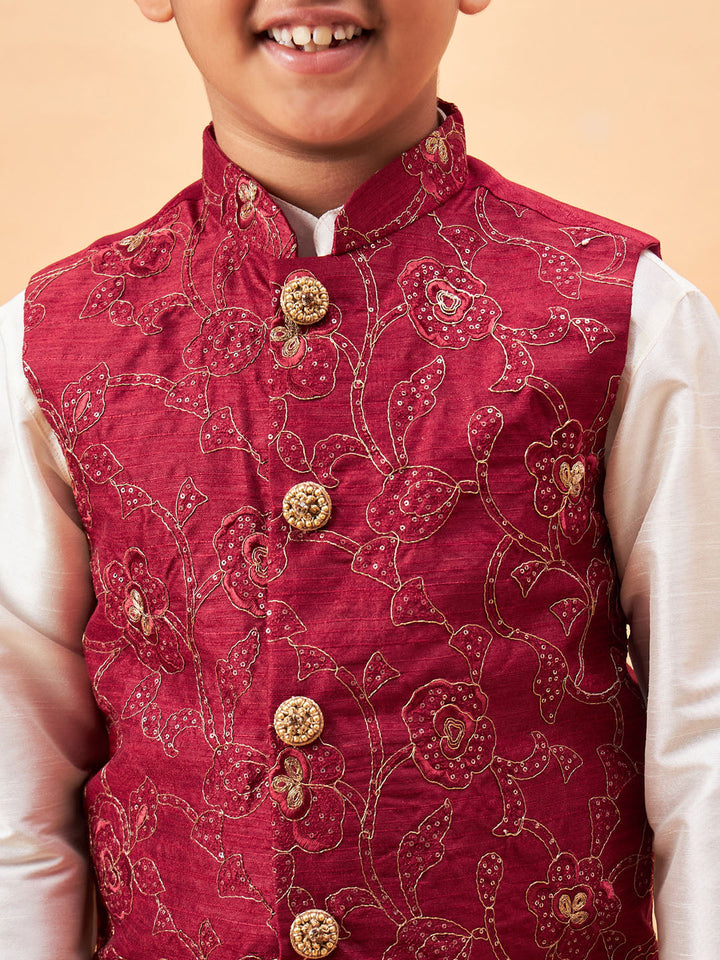 VASTRAMAY Boy's Maroon Nehru Jacket With Cream Kurta And Pyjama Set