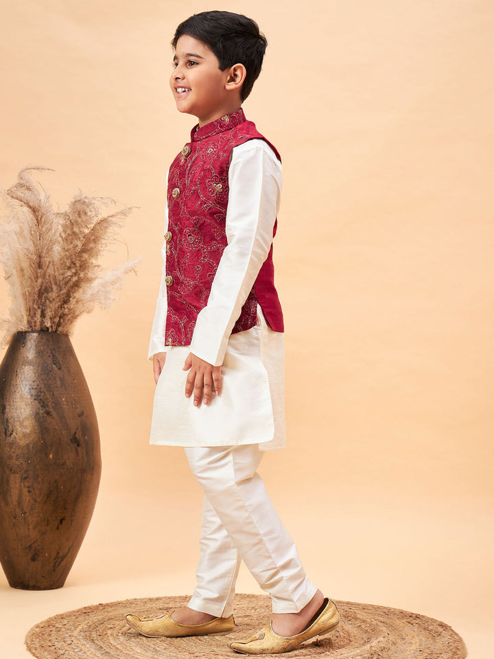 VASTRAMAY Boy's Maroon Nehru Jacket With Cream Kurta And Pyjama Set