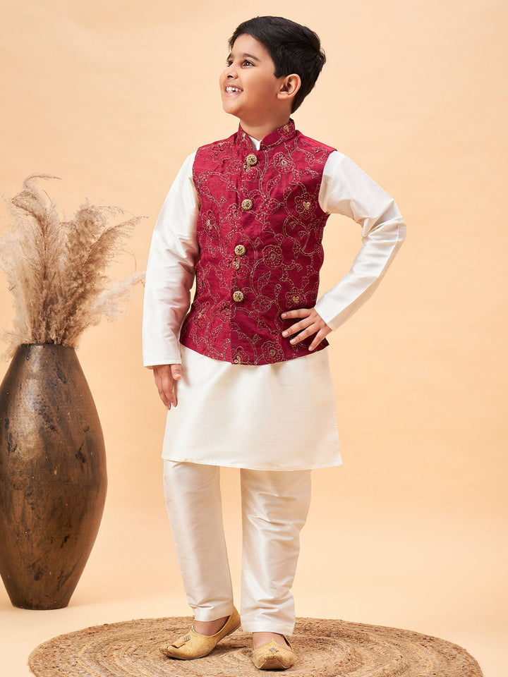 VASTRAMAY Boy's Maroon Nehru Jacket With Cream Kurta And Pyjama Set