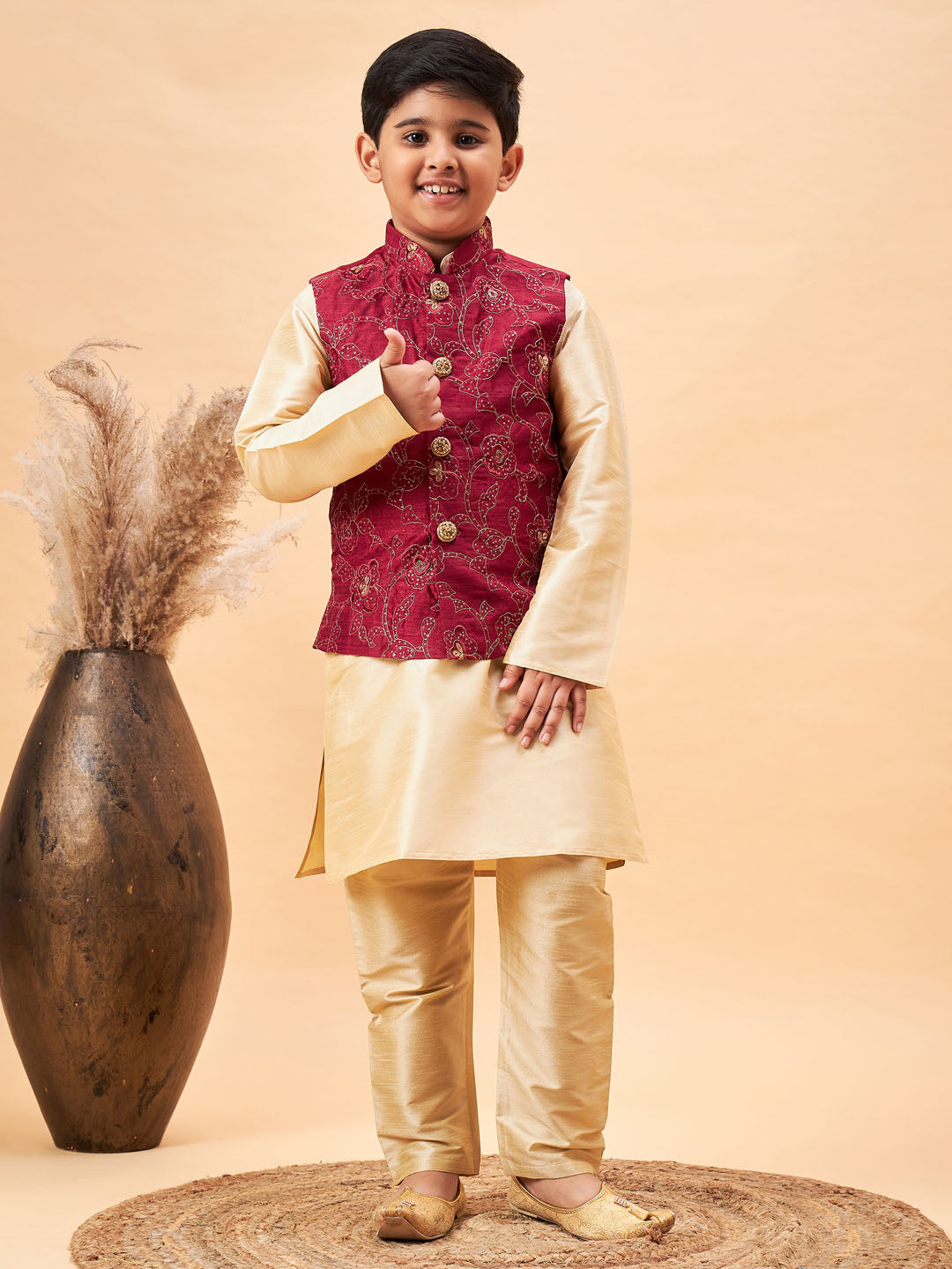 VASTRAMAY Boy's Maroon Nehru Jacket With Gold Kurta And Pyjama Set