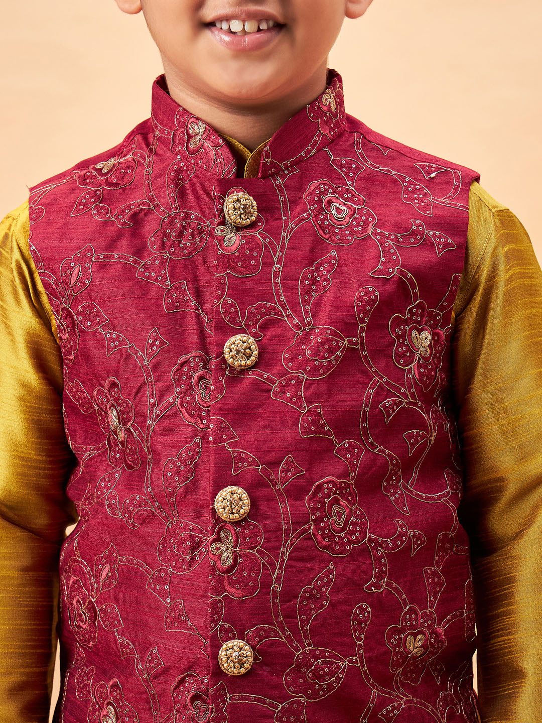 VASTRAMAY Boy's Maroon Woven Jacket With Mustard Kurta and Pyjama Set