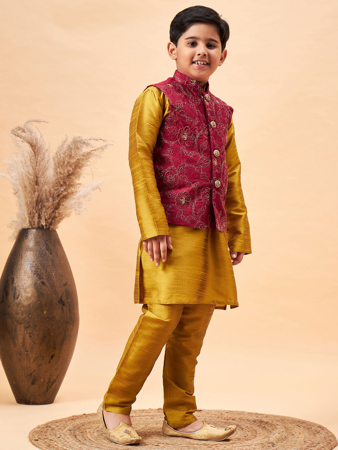 VASTRAMAY Boy's Maroon Woven Jacket With Mustard Kurta and Pyjama Set