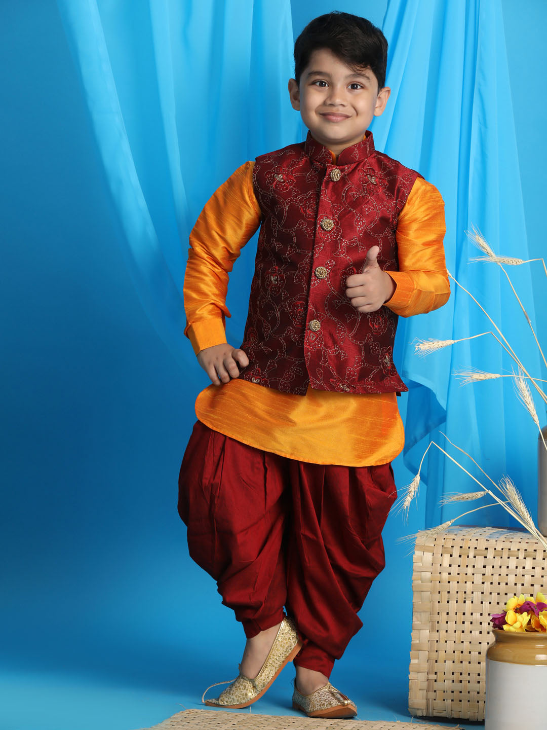 Vastramay Boy's Maroon Embroidered Nehru Jacket With Orange Kurta And Maroon Dhoti Set - qivii