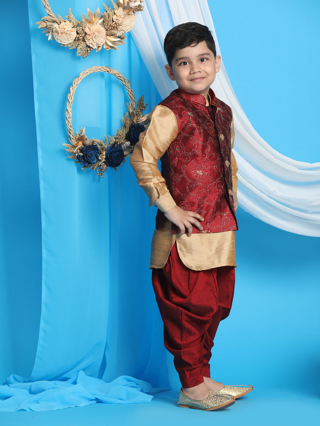 Vastramay Boy's Maroon Embroidered Nehru Jacket With Rose Gold Kurta And Dhoti Set - qivii