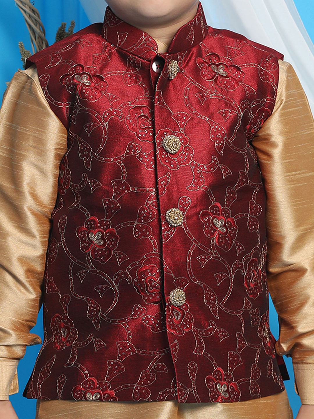Vastramay Boy's Maroon Embroidered Nehru Jacket With Rose Gold Kurta And Dhoti Set - qivii