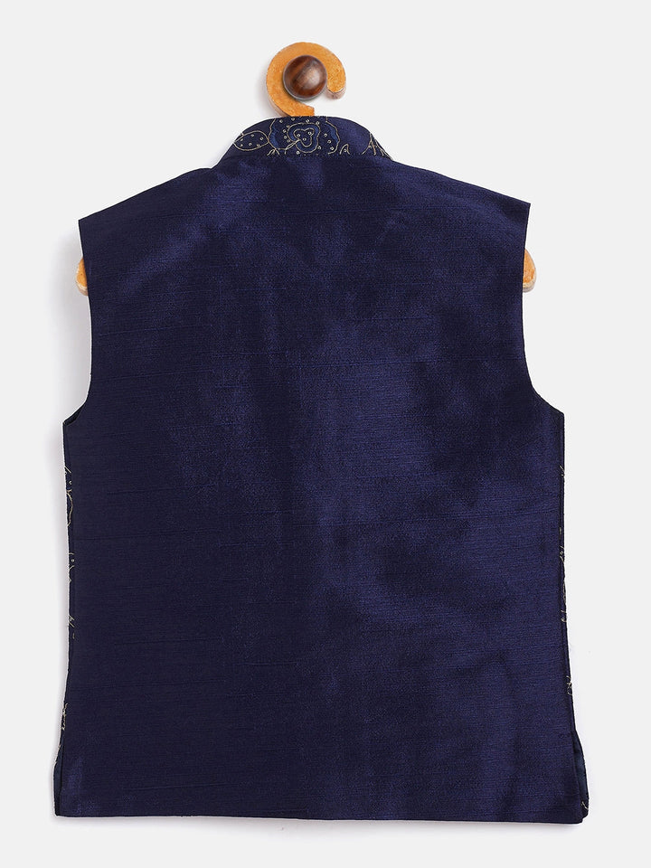 Vastramay Boy's Navy Blue Silk Blend Embroidered Nehru Jacket