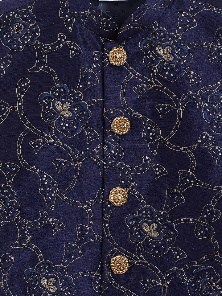 Vastramay Boy's Navy Blue Silk Blend Embroidered Nehru Jacket