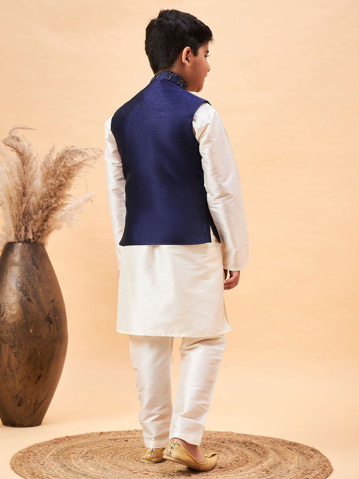 Vastramay Boy's Navy Blue Nehru Jacket With Cream Kurta And Pyjama Set