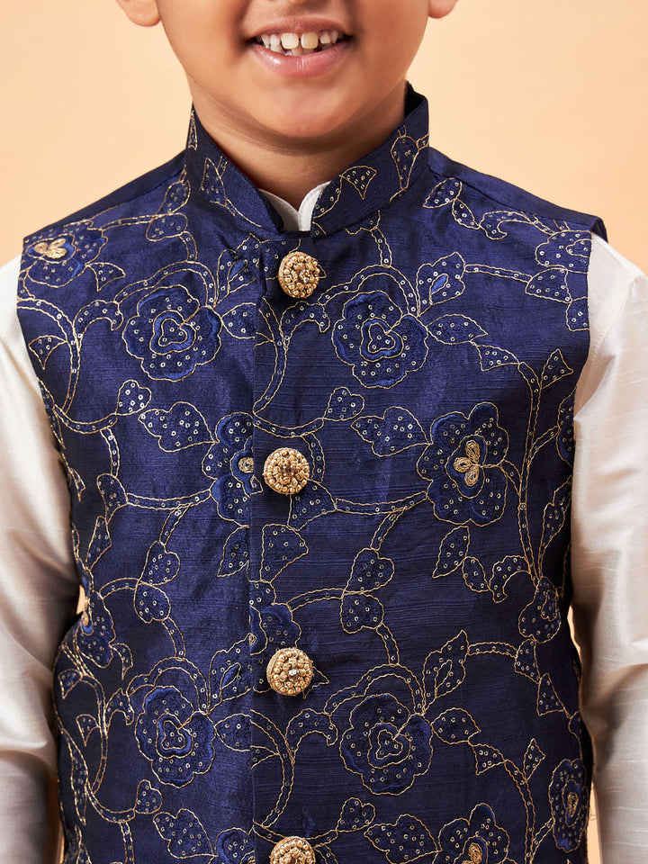 Vastramay Boy's Navy Blue Nehru Jacket With Cream Kurta And Pyjama Set