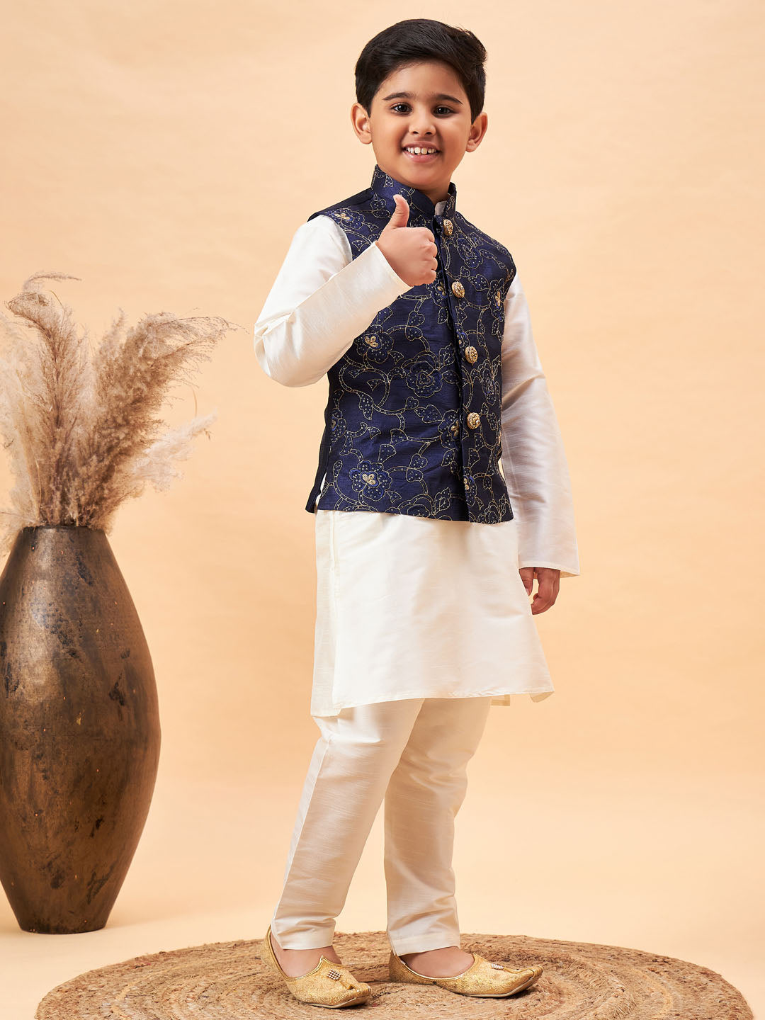 Vastramay Boy's Navy Blue Nehru Jacket With Cream Kurta And Pyjama Set