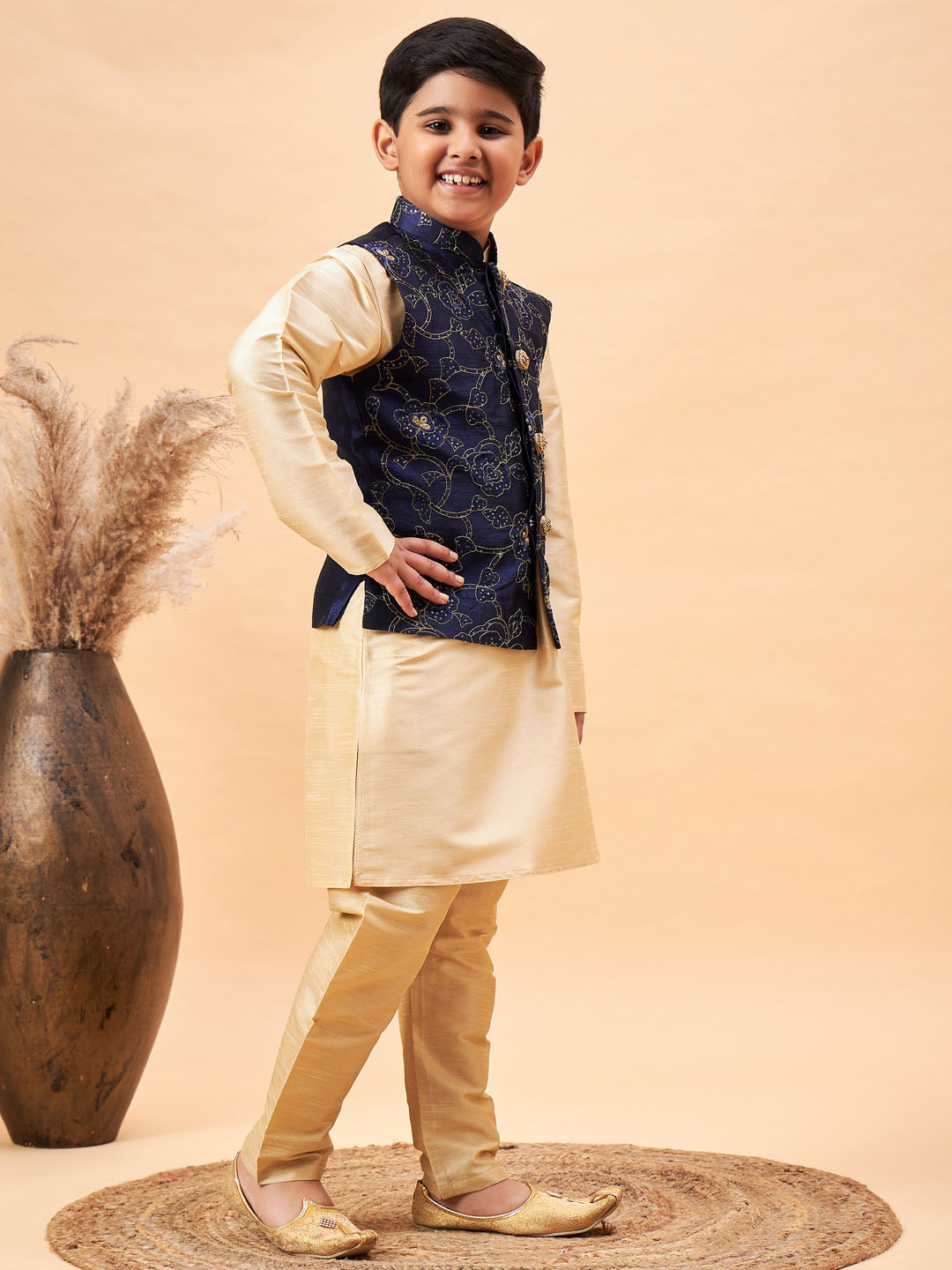 Vastramay Boy's Navy Blue Nehru Jacket With Gold Kurta And Pyjama Set