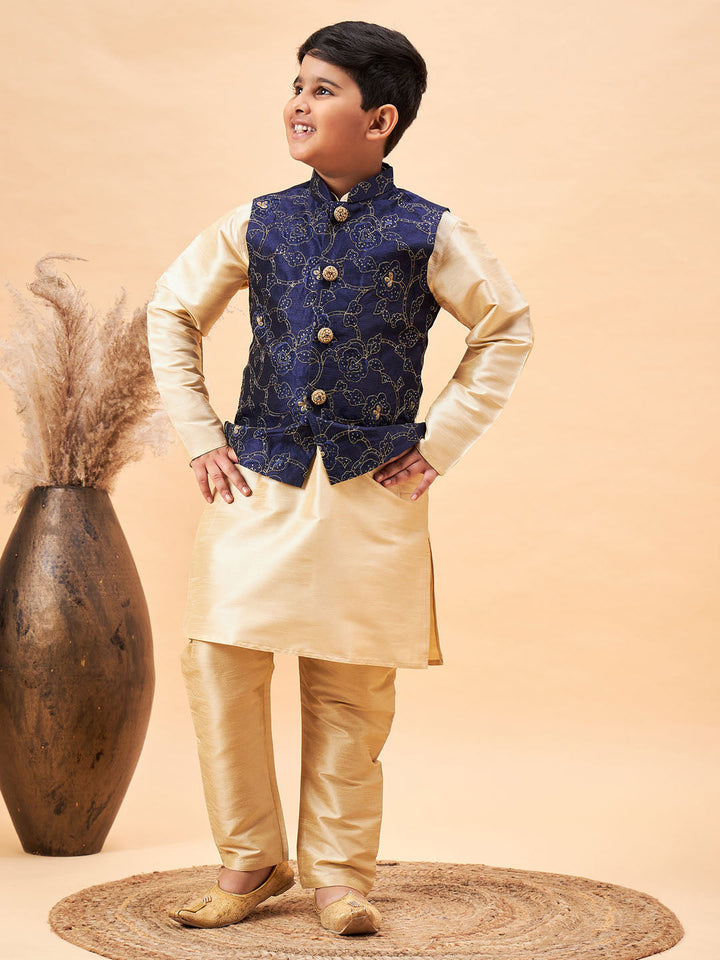 Vastramay Boy's Navy Blue Nehru Jacket With Gold Kurta And Pyjama Set