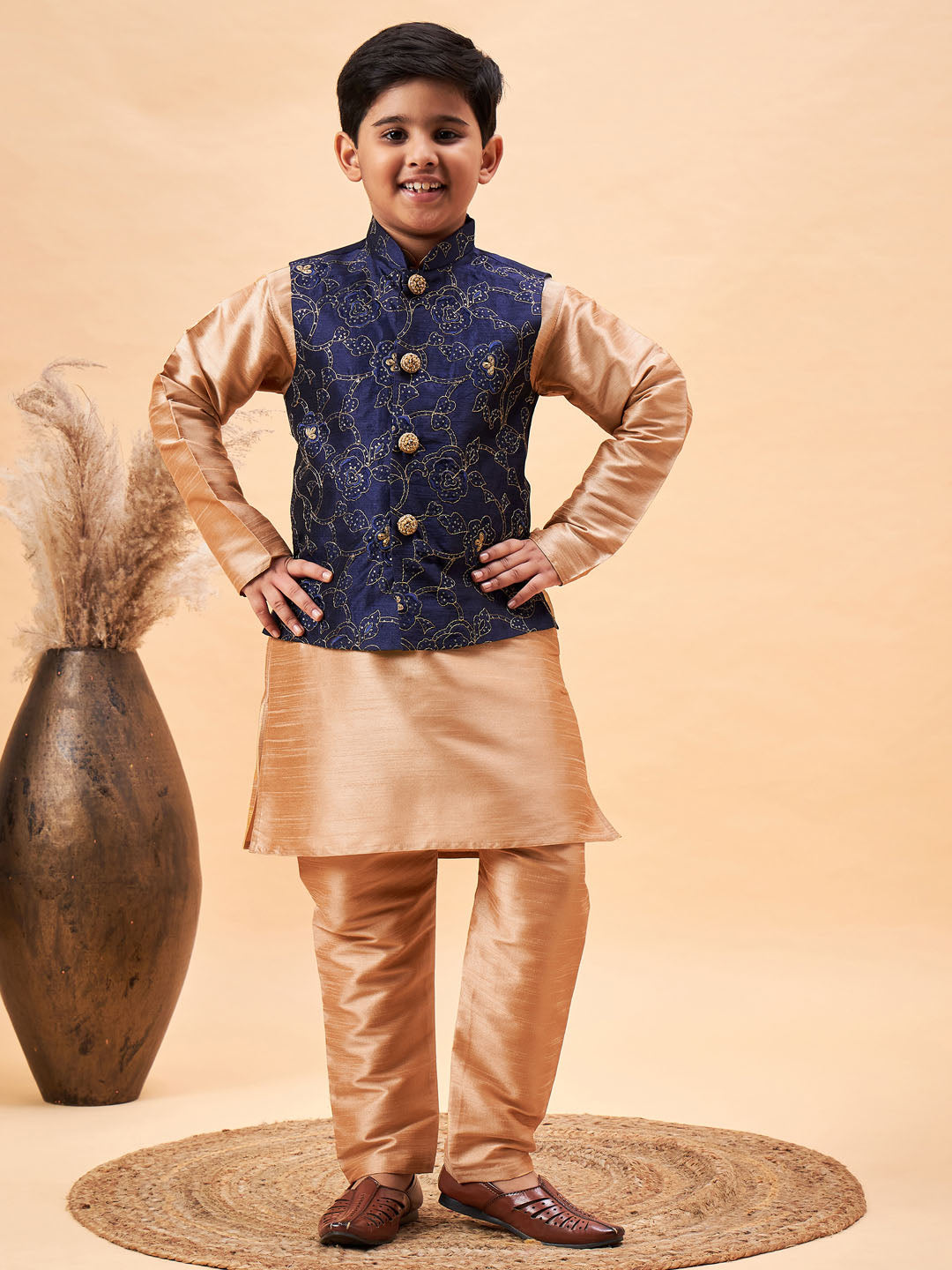 VASTRAMAY Boy's Navy Blue Nehru Jacket With Rose Gold Kurta And Pyjama Set