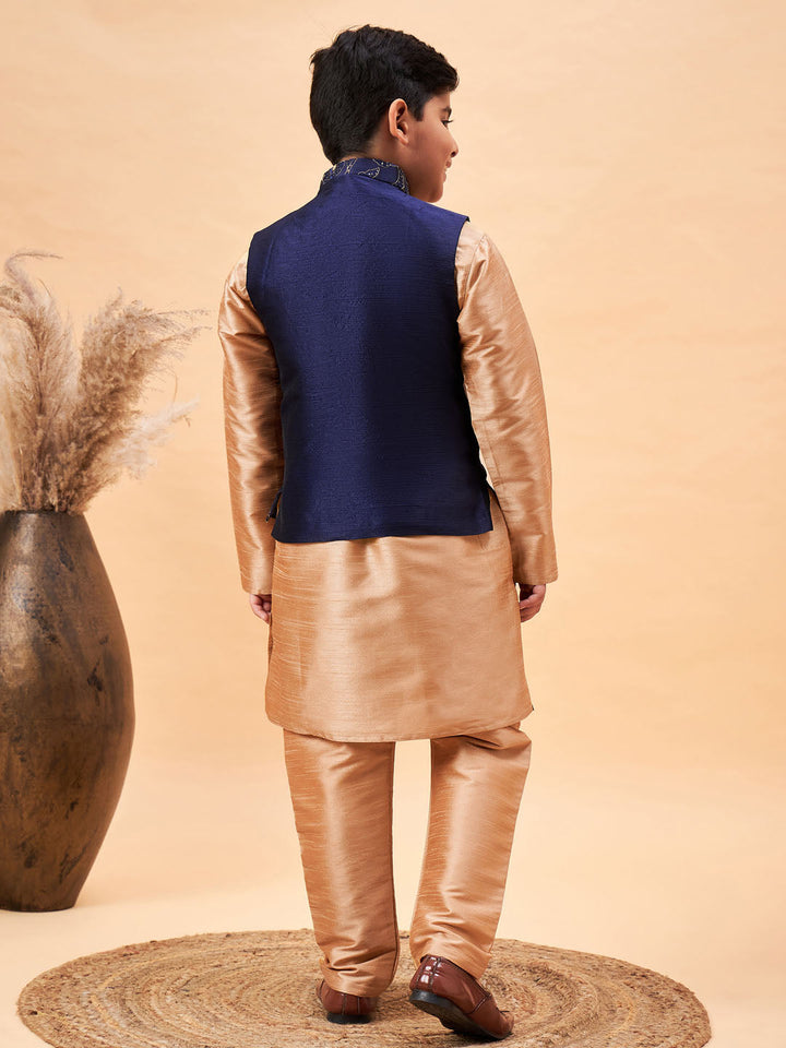 VASTRAMAY Boy's Navy Blue Nehru Jacket With Rose Gold Kurta And Pyjama Set